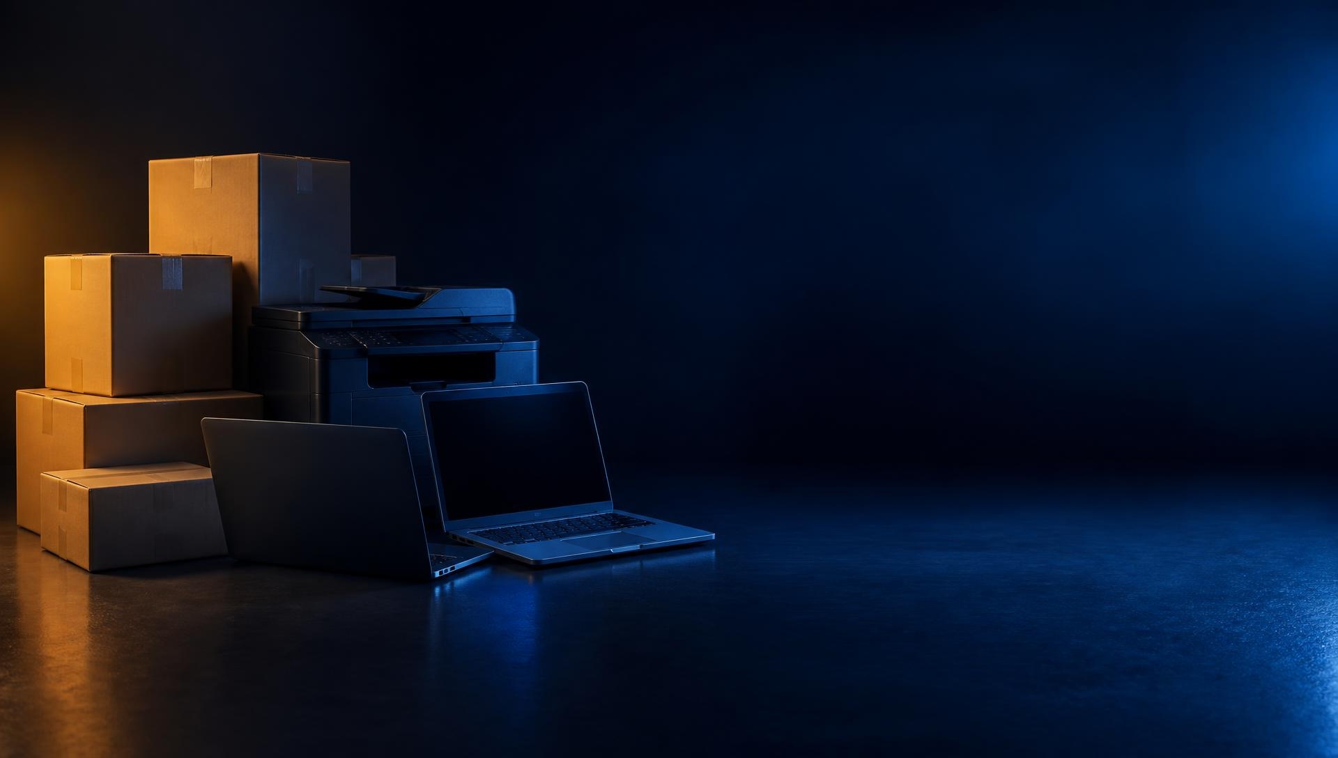 Wholesale HP laptops, printers and accessories stacked for pallet shipment